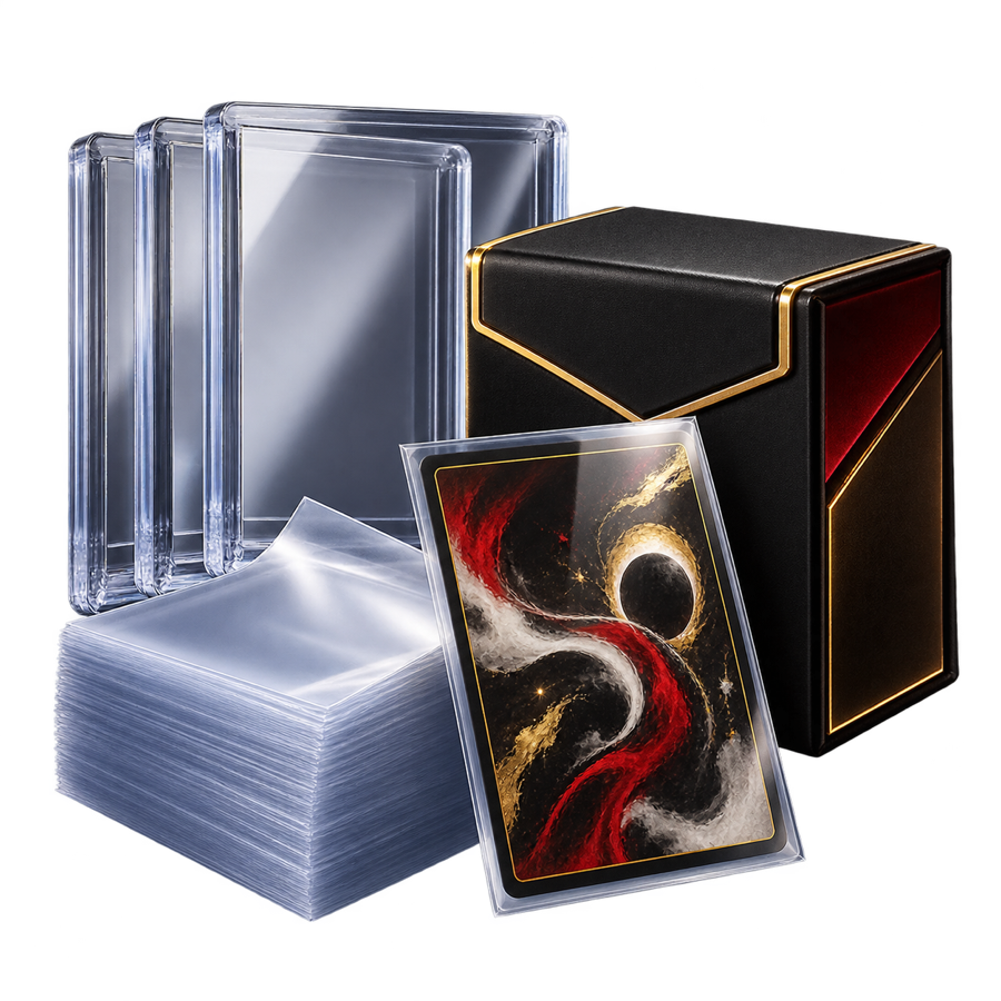Card top loaders, penny sleeves, and a deck box