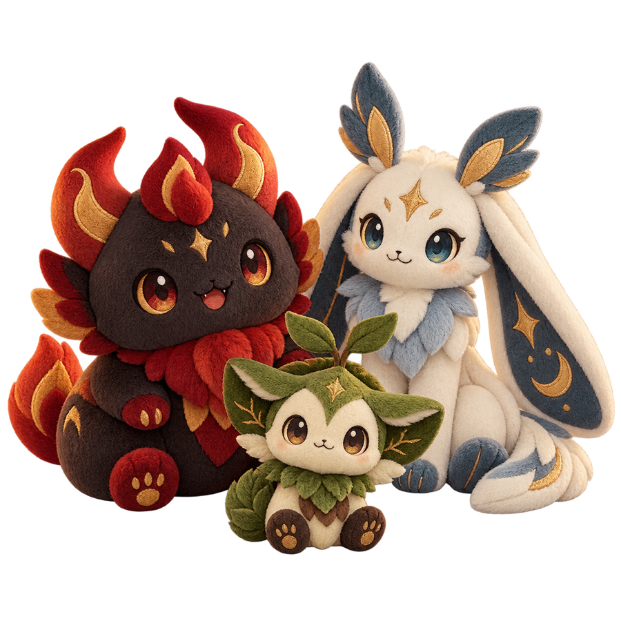 Three original fantasy creature plush toys